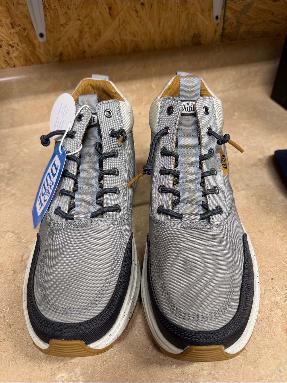 Hey Dude Gray Black Sneakers with Tan Accents